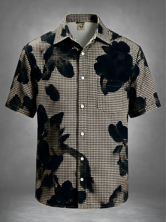 Moisture Wicking Houndstooth Ink Wash Abstract Florals Chest Pocket Hawaiian Shirt