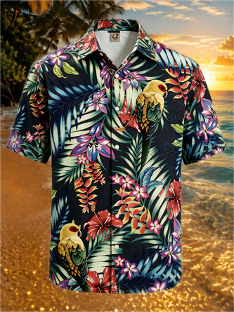 Moisture Wicking Parrots Palm Leaf Chest Pocket Hawaiian Shirt