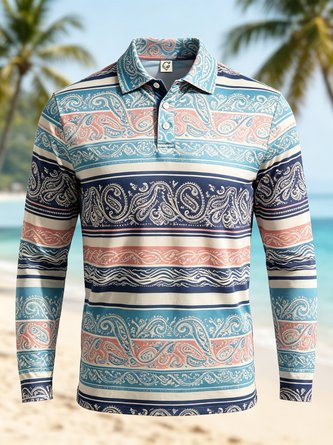 Moisture Wicking Gradient Paisley & Geometric Print Long Sleeve Hawaiian Golf Polo