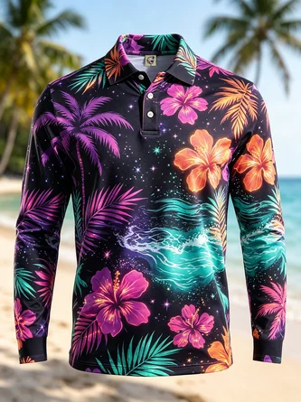 Moisture Wicking Neon Tropical Print Hibiscus & Palm Tree Long Sleeve Hawaiian Golf Polo