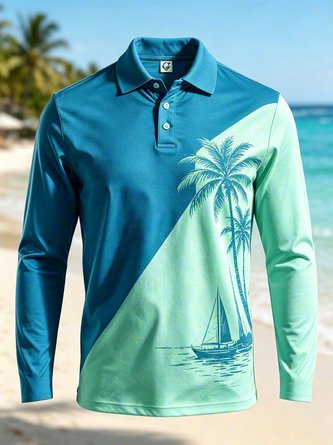 Moisture Wicking Gradient Palm Tree & Sailboat Block Long Sleeve Hawaiian Golf Polo