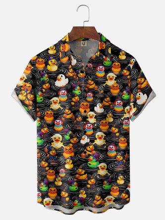 Moisture Wicking Gradient Halloween Rubber Duck & Pumpkin Print Chest Pocket Hawaiian Shirt