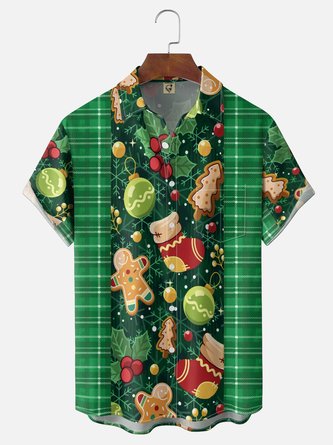 Moisture Wicking Gradient Christmas Pattern Socks Plaid Snowflakes Gingerbread Chest Pocket Hawaiian Shirt