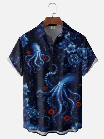 Moisture Wicking Gradient Octopus & Floral Print Chest Pocket Hawaiian Shirt