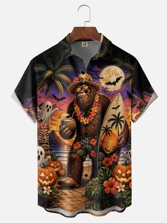 Moisture Wicking Halloween Tropical Floral Bigfoot Surfing Pumpkin Chest Pocket Hawaiian Shirt