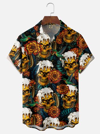 Moisture Wicking Gradient Skull Beer Foliage Print Chest Pocket Hawaiian Shirt