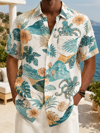 Linen Texture Tropical Leaf & Octopus Print Chest Pocket Casual Shirt