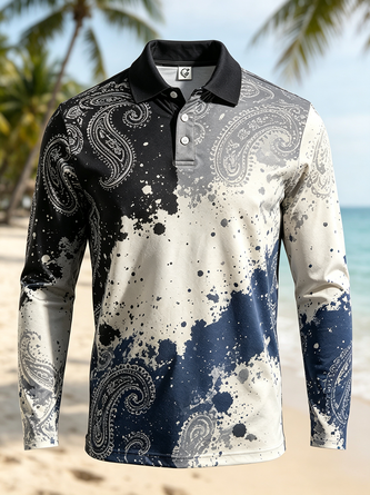 Moisture Wicking Gradient Paisley Long Sleeve Hawaiian Golf Polo