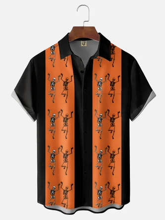 Moisture Wicking Gradient Halloween Dancing Skeleton Chest Pocket Hawaiian Shirt