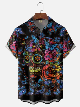 Moisture Wicking Day Dead Floral Skull Chest Pocket Hawaiian Shirt