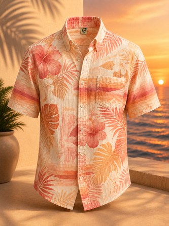 Linen Texture Tropical Leaf & Floral Gradient Print Chest Pocket Casual Shirt