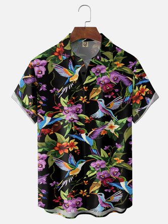 Moisture Wicking Tropical Floral & Hummingbird Gradient Print Chest Pocket Hawaiian Shirt