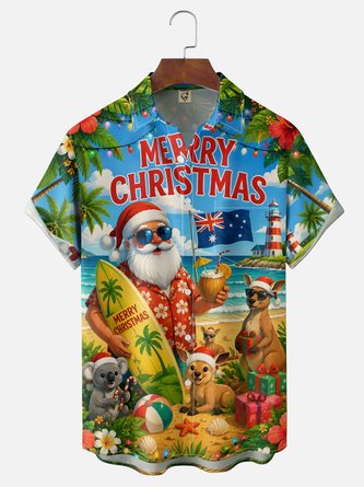 Moisture Wicking Australian Christmas Beach Beer Holiday Santa Chest Pocket Hawaiian Shirt