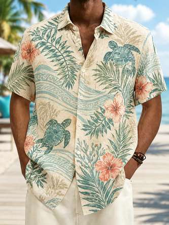 Linen Texture Tropical Foliage Sea Turtle Chest Pocket Casual Shirt