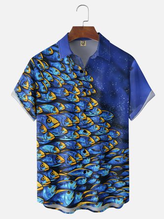 Moisture Wicking Fish Print Chest Pocket Hawaiian Shirt