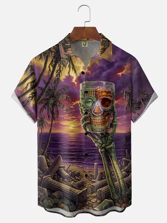 Moisture Wicking Vintage Style Mechanical Cocktail & Palm Tree Print Chest Pocket Hawaiian Shirt