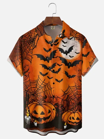 Moisture Wicking Halloween Themed Spiderweb Bat Pumpkin Designs Chest Pocket Hawaiian Shirt