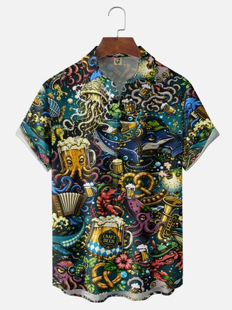 Moisture Wicking Jellyfish Octopus Whale Beer Print Chest Pocket Hawaiian Shirt