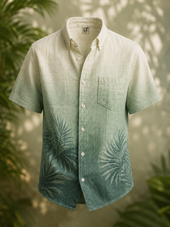 Linen Texture Tropical Leaf Gradient Chest Pocket Casual Shirt