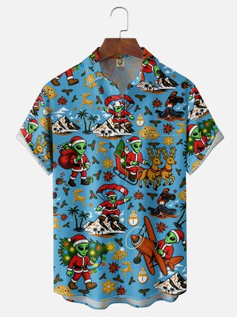 Moisture Wicking Gradient Christmas Hat Alien Christmas Tree Reindeer Snowflake Print Chest Pocket Hawaiian Shirt