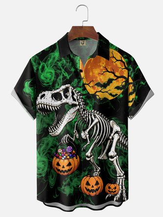 Moisture Wicking Gradient Halloween Skull Dinosaur & Pumpkin Chest Pocket Hawaiian Shirt