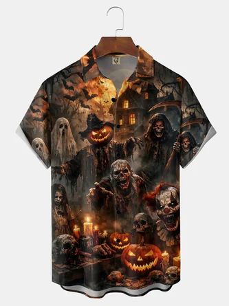 Moisture Wicking Pumpkin Skull Ghost Print Chest Pocket Halloween Hawaiian Shirt