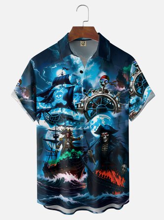 Moisture Wicking Gradient Print Featuring Pirate Skulls Sailing Ships Anchors Chest Pocket Hawaiian Shirt