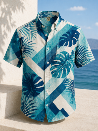 Linen Texture Geometric Tropical Leaf Print Chest Pocket Casual Shirt