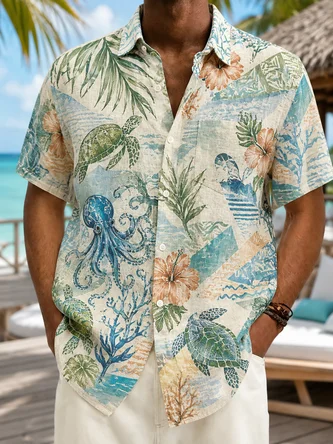 Linen Texture Tropical Foliage Sea Turtle Octopus Chest Pocket Casual Shirt