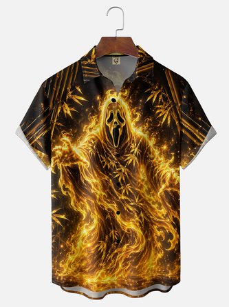 Moisture Wicking Halloween Bamboo Leaf Ghost & Ghoul Chest Pocket Hawaiian Shirt
