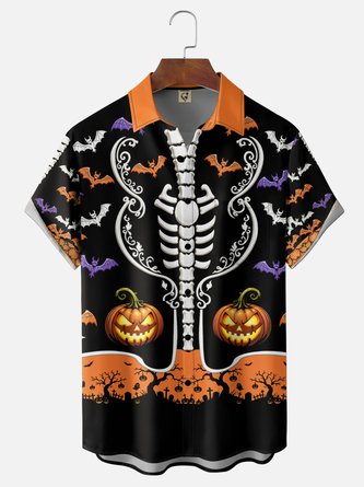 Moisture Wicking Gradient Halloween Print Skulls Pumpkins Bats Chest Pocket Hawaiian Shirt