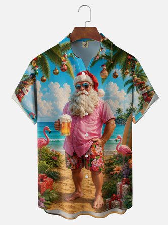 Moisture Wicking Christmas Beach Beer Vacation Santa Chest Pocket Hawaiian Shirt