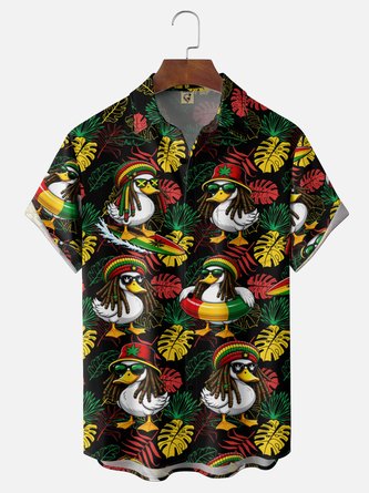 Moisture Wicking Tropical Leaf & Reggae Duck Print Gradient Chest Pocket Hawaiian Shirt