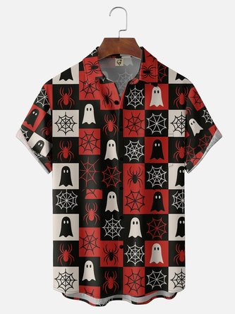 Moisture Wicking Halloween Spiderweb & Ghost Chest Pocket Hawaiian Shirt