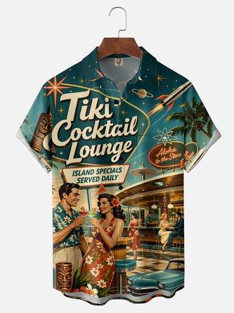 Moisture Wicking Tropical Tiki Wood Carvings Palm Trees Island Cocktails Print Chest Pocket Hawaiian Shirt