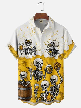 Moisture Wicking Gradient Skull Themed Oktoberfest Chest Pocket Hawaiian Shirt