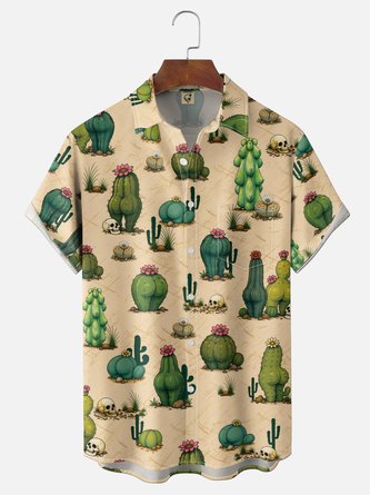 Moisture Wicking Gradient Butt Cactus Print Chest Pocket Hawaiian Shirt