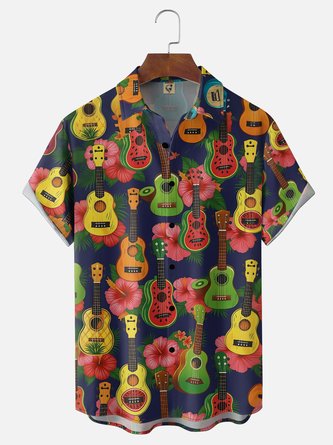 Moisture Wicking Tropical Plant Floral Fruit Guitar Print Chest Pocket Hawaiian Shirt