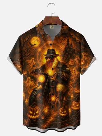 Moisture Wicking Halloween Pumpkin & Flaming Biker Rooster Chest Pocket Hawaiian Shirt