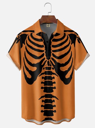 Moisture Wicking Halloween Skull Chest Pocket Hawaiian Shirt
