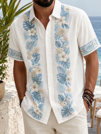 Linen Texture Tropical Leaf Print Casual Shirt