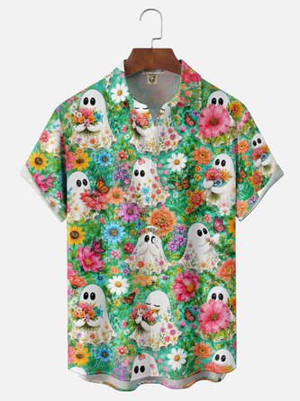 Moisture Wicking Halloween Floral Ghost Chest Pocket Hawaiian Shirt