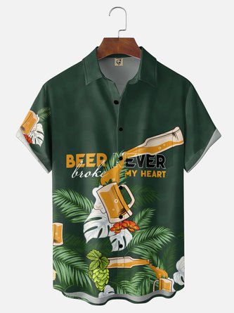 Moisture Wicking Tropical Floral & Beer Slogan Chest Pocket Hawaiian Shirt