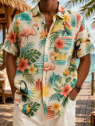 Linen Texture Tropical Foliage Flamingo Parrot Chest Pocket Casual Shirt