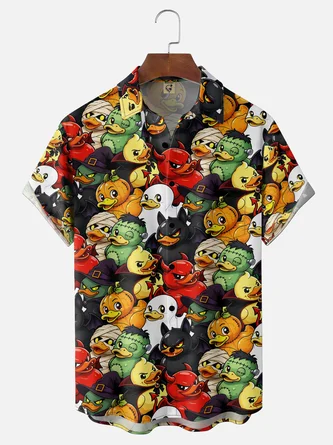 Moisture Wicking Gradient Halloween Devil & Pumpkin Rubber Duck Print Chest Pocket Hawaiian Shirt