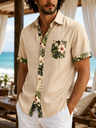 Linen Texture Solid Paneling Tropical Leaf Print Chest Pocket Casual Shirt