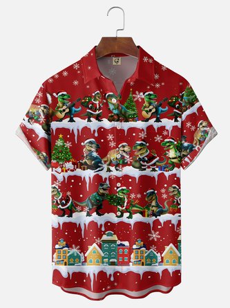 Moisture Wicking Gradient Print Featuring Dinosaurs Santa Hats Christmas Trees Snowflakes Chest Pocket Hawaiian Shirt