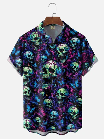 Moisture Wicking Neon Halloween Skull Chest Pocket Hawaiian Shirt