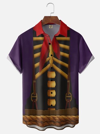 Moisture Wicking Gradient Halloween Skull Pirate Print Chest Pocket Hawaiian Shirt