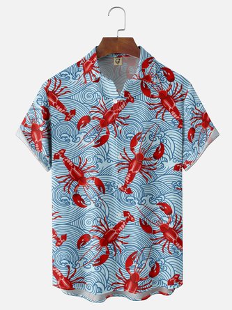 Moisture Wicking Wave Lobster Print Chest Pocket Hawaiian Shirt